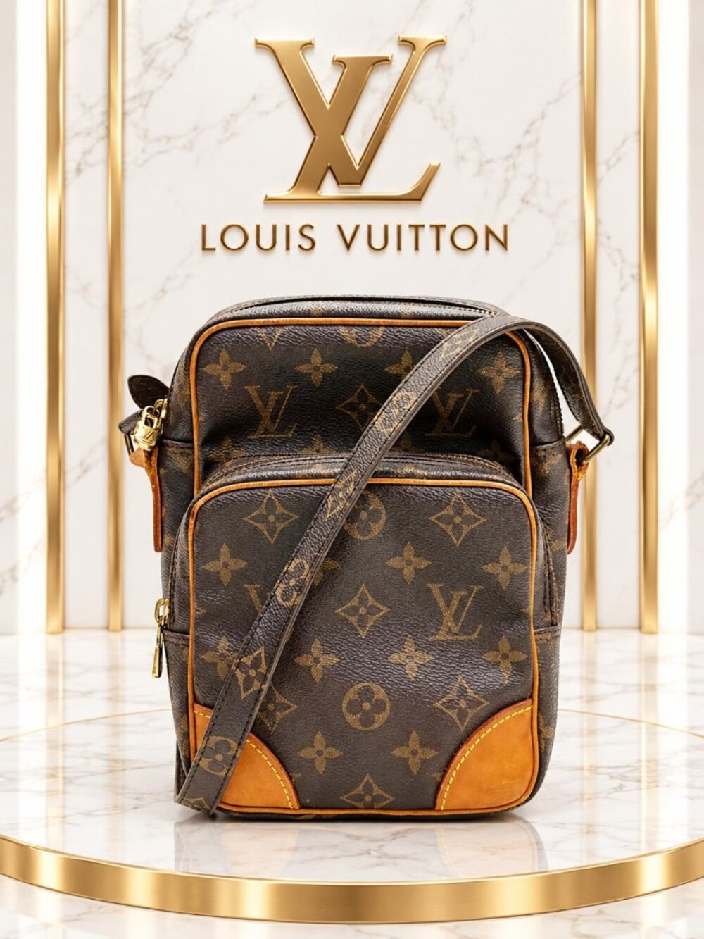 Authentic Louis Vuitton Amazone Monogram Canvas Crossbody Bag Vintage Brown LV